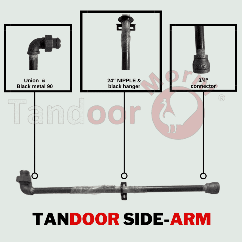 An illustration demonstrating the installation of the Tandoor SideArm, showcasing its ability to extend the gas pipeline from the front to the back of the Tandoor Oven, ensuring a seamless and efficient cooking process.