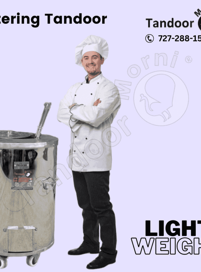 Stainless steel catering tandoor for sale in the USA, with chef standing nearby