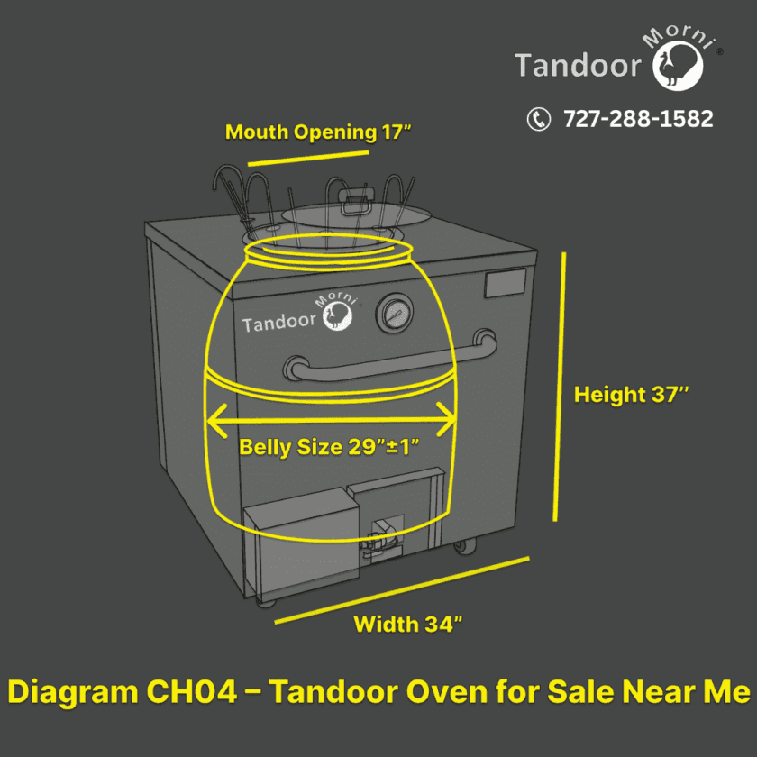 A sketch diagram of a Commercial Tandoor with a belly size of 19 inches, a height of 37 inches, and a mouth opening of 17 inches.