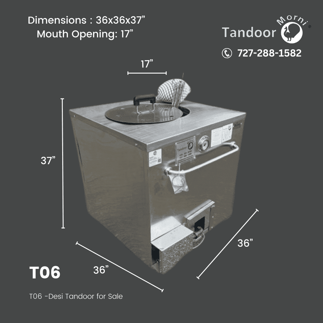 Desi Tandoor for Sale Image of Desi Tandoor for Sale in the USA showcasing its dimensions of 36x36x37 inches and a wide 17-inch mouth opening.