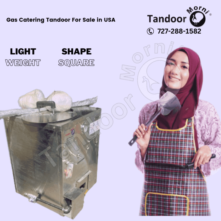 Lightweight and square-shaped gas catering tandoor for sale in the USA, featuring a joyful Muslim woman cooking.