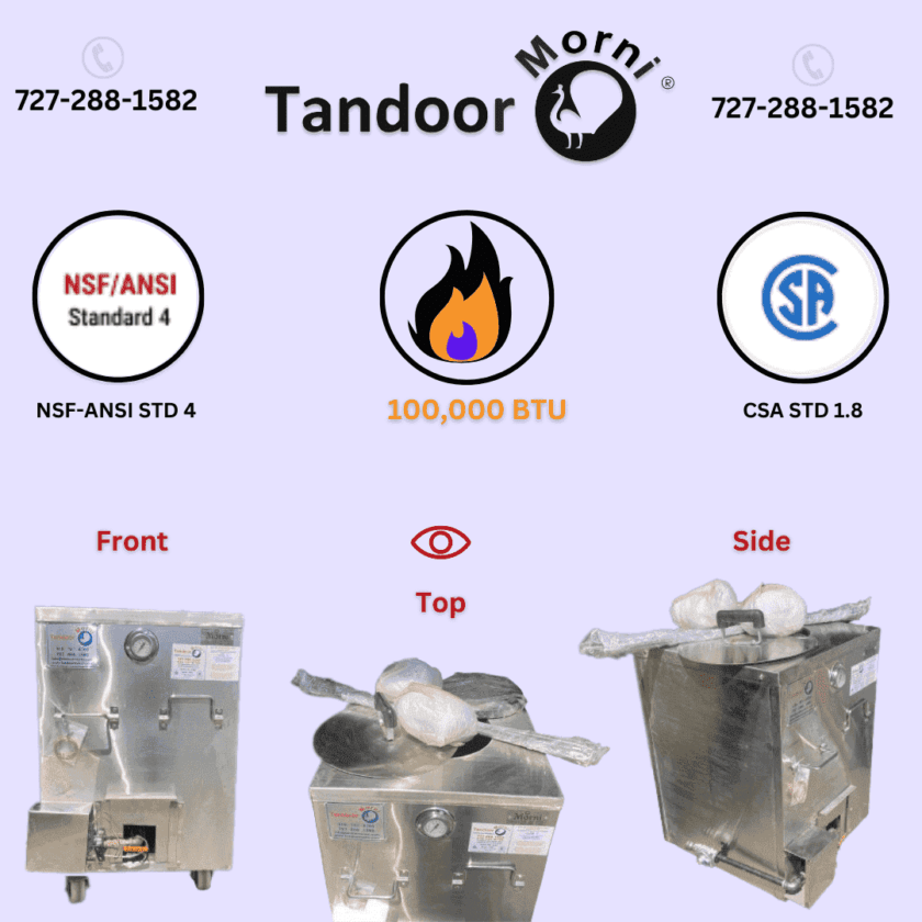 Front, top, and side view of gas catering tandoor for sale in the USA, certified with NSF and CSA standards.