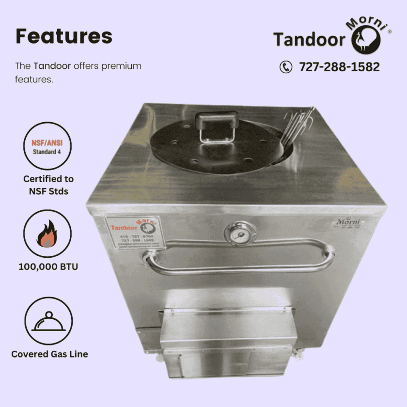 Image of the Morni Tandoor Oven - a Clay Tandoor oven for sale. Features include high BTU output, covered gas line for safety, and NSF certification. Experience authentic flavors and quality cooking with Morni Tandoor.