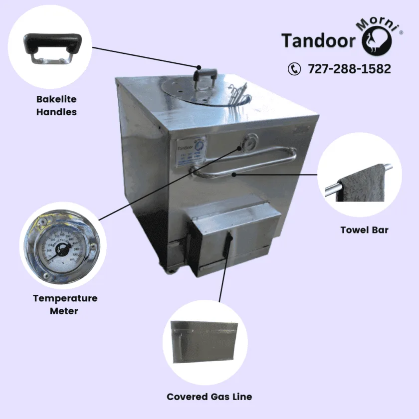 Image showcasing the Tandoor Morni, a premium clay tandoor oven. It features a Bakelite handle, temperature meter, covered gas line, and a towel bar. Ideal for cooking delicious tandoori dishes. Clay Tandoor Oven for Sale.