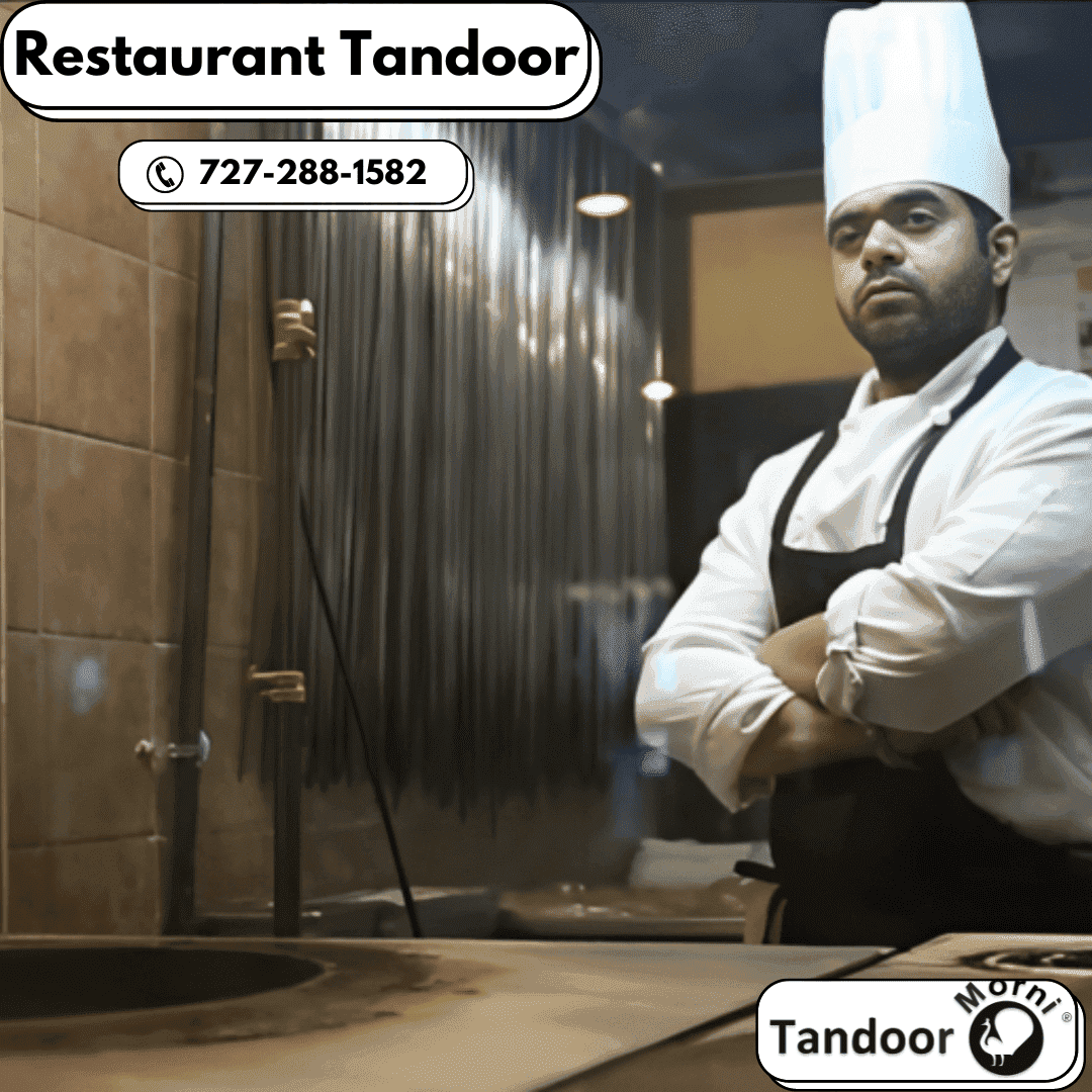 An image featuring a proud chef standing beside the Tandoor Morni, a high-quality clay tandoor oven from Morni Tandoor. The chef showcases the tandoor's placement in the restaurant, highlighting its significance and craftsmanship.