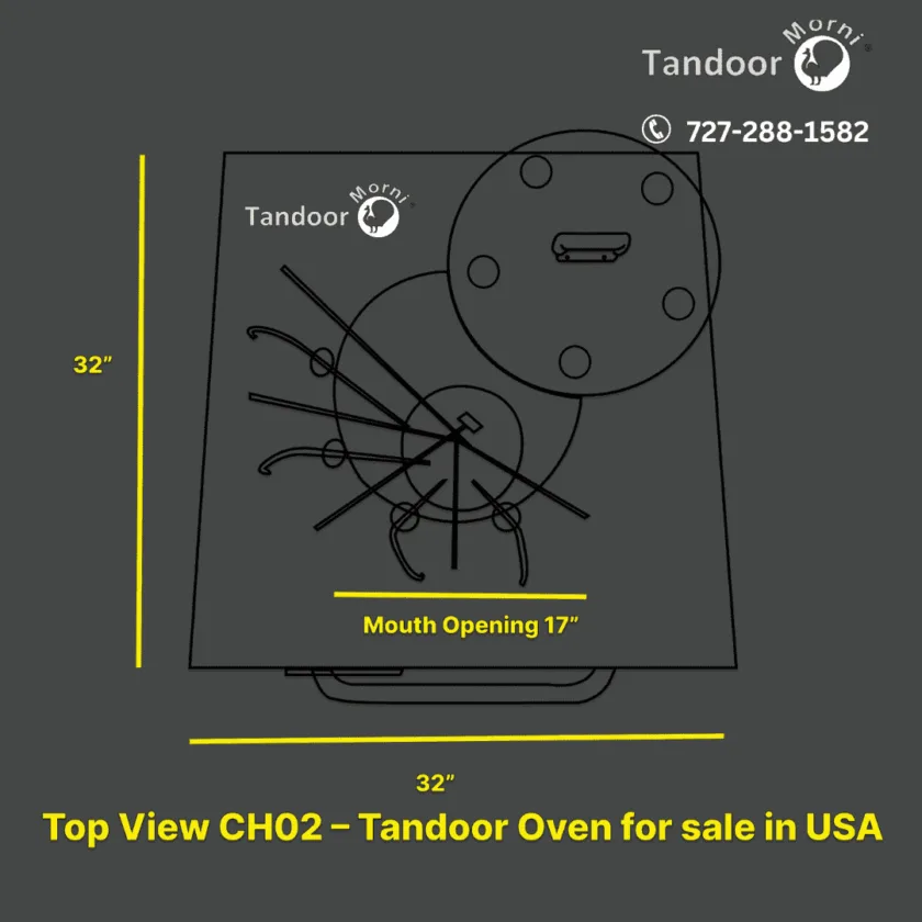 Top view sketch of the Morni CH02 Commercial Tandoor Oven for sale in the USA, featuring a 17-inch mouth opening