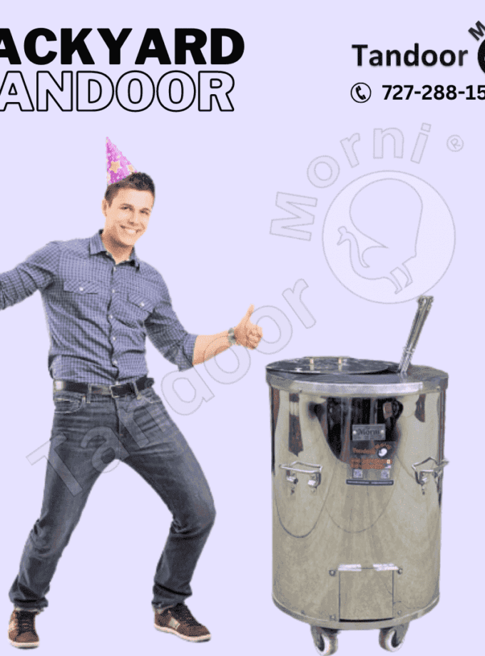 A joyful man celebrating beside a backyard tandoor, surrounded by friends and family