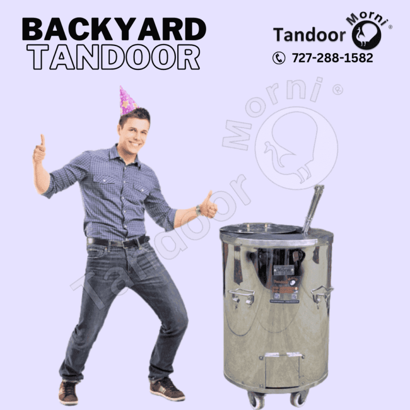 A joyful man celebrating beside a backyard tandoor, surrounded by friends and family