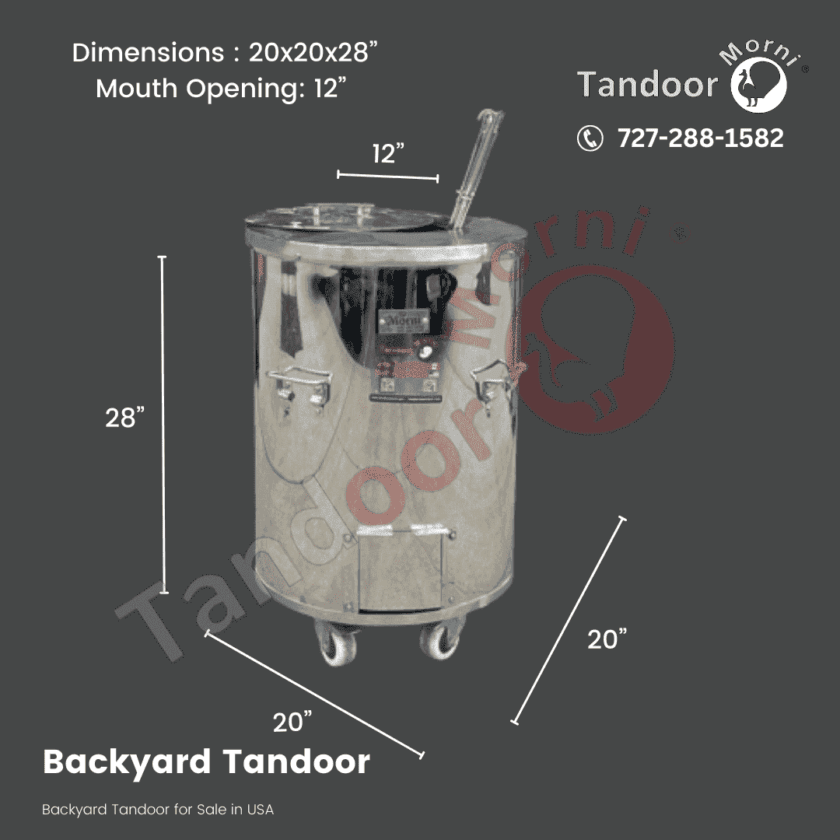 Morni Tandoor USA's backyard tandoor, measuring 20x20x28 inches.