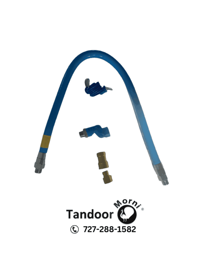 A flexible gas hose designed for connecting a tandoor oven to a gas supply.