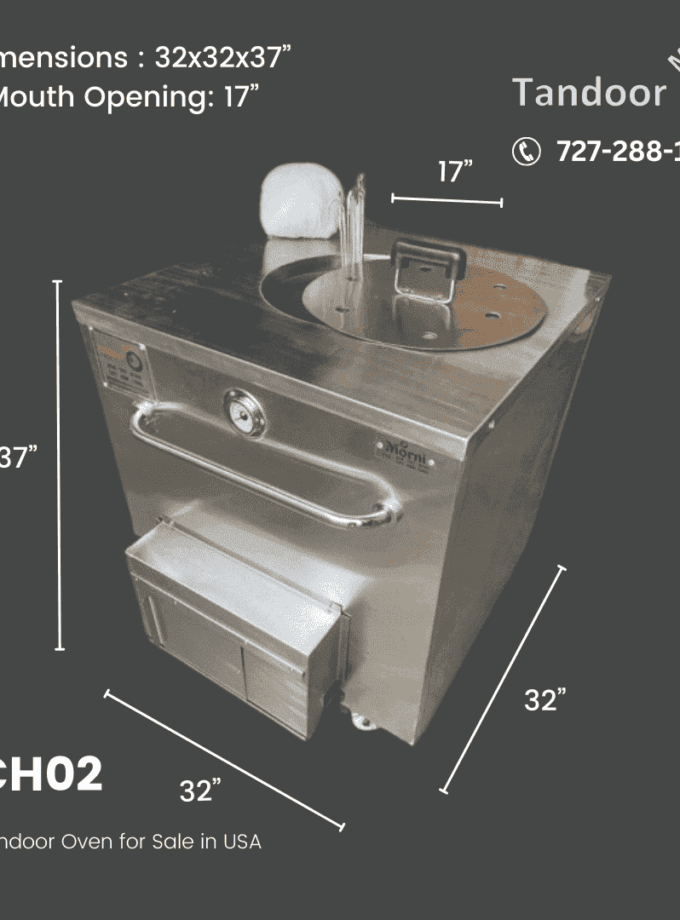 Image of Morni CH02 Commercial Tandoor Oven for Sale in the USA, showcasing its dimensions of 32x32x37 inches and a mouth opening of 17 inches.