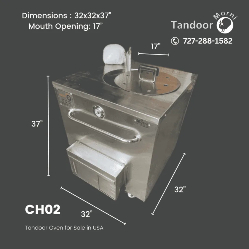 Image of Morni CH02 Commercial Tandoor Oven for Sale in the USA, showcasing its dimensions of 32x32x37 inches and a mouth opening of 17 inches.