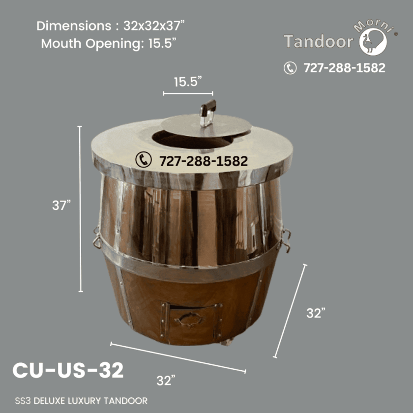 in size and rises to a height of 37 inches. The SS3 Deluxe Luxury Tandoor has a mouth width of 15.5 inches. The dimensions of the SS3 Deluxe Luxury Tandoor are displayed in the photographs.