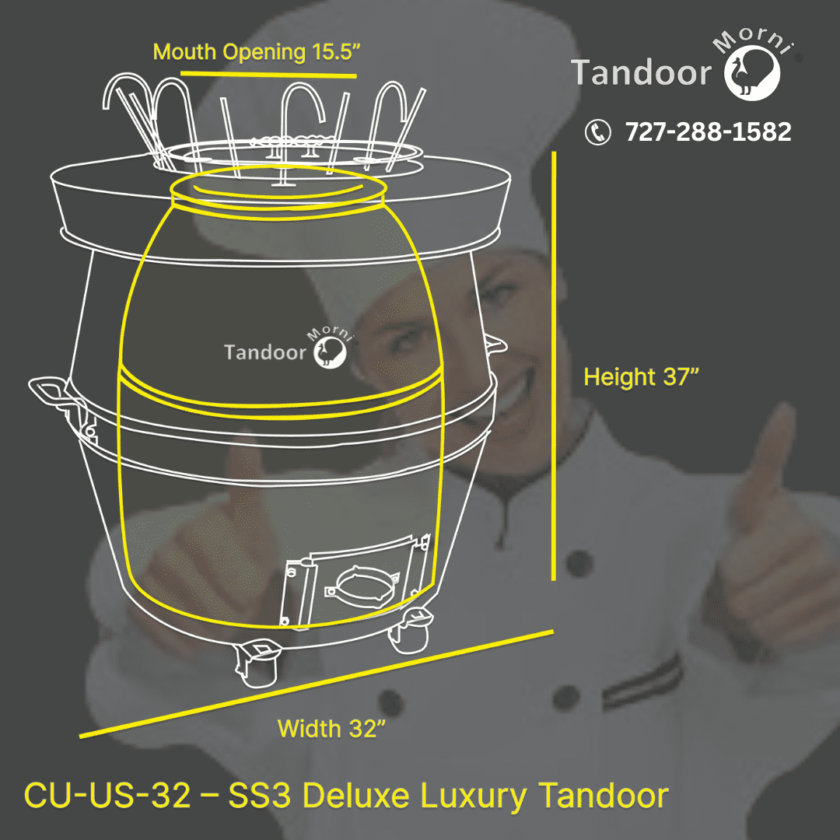 The schematic diagram for the SS3 Deluxe Luxury Tandoor is displayed in the picture, along with information on its dimensions.