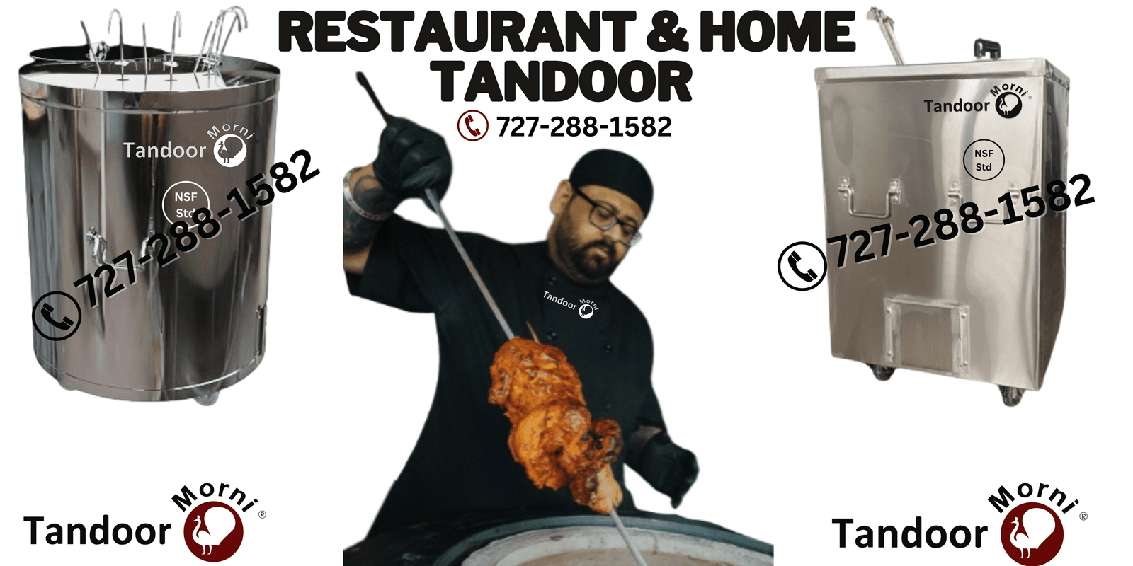 The image shows a chef preparing tandoori chicken in Restaurant & home tandoor and two tandoors are R26 Home Tandoor and CH02 Tandoor Oven for Sale in USA.