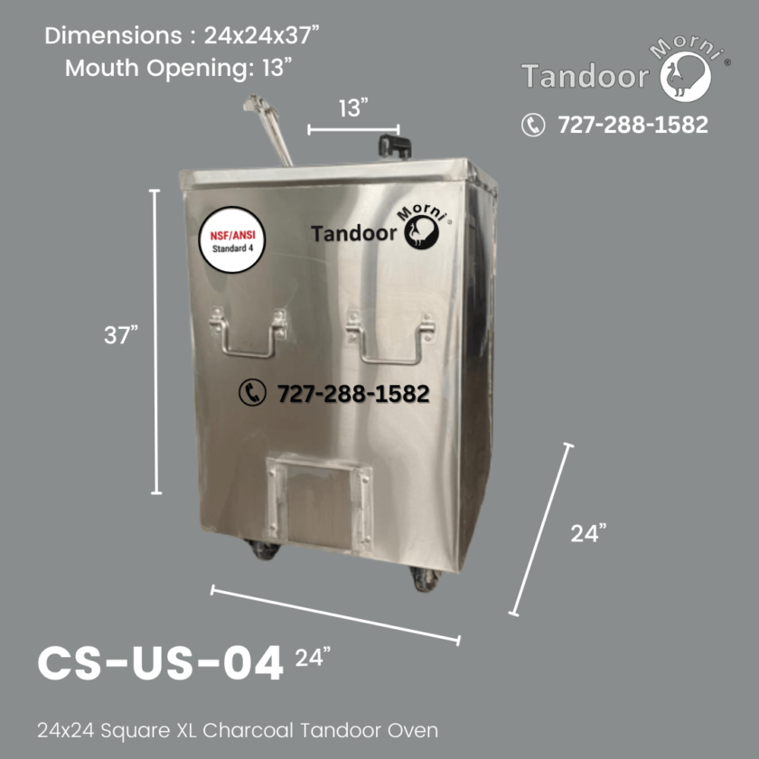 The dimensions of the 24x24 Square XL Charcoal Tandoor Oven are shown in the image. The Square charcoal tandoor is 24x24x37 inches and has a mouth opening of 13 inches.