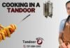 The picture features a girl preparing paneer tikka in tandoori skewers. The image displays how cooking in a tandoor can be done. It has Tandoor Morni logo and phone number.