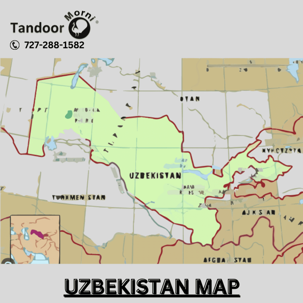 Detailed map of Uzbekistan with cities, regions, and geographical features marked.