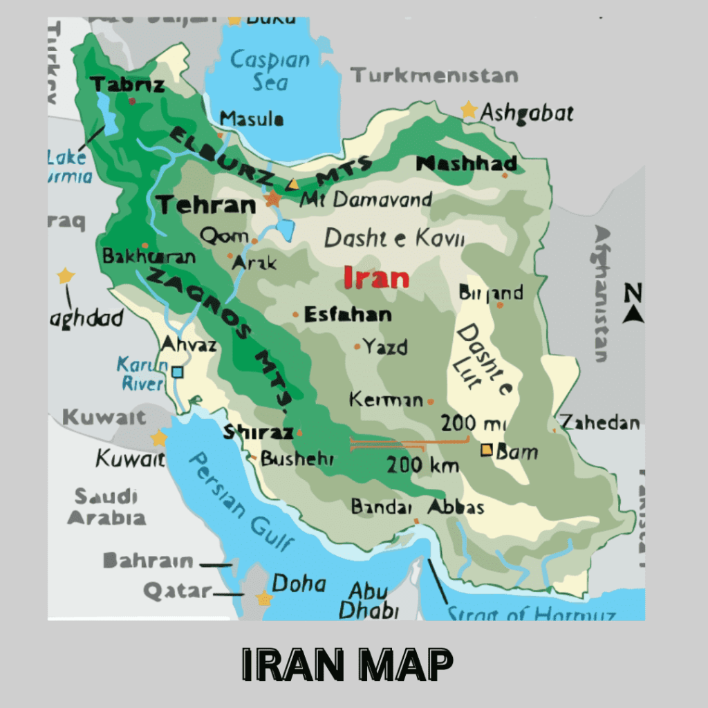 An image of a detailed map of Iran showcasing its cities, landmarks, and geographical features