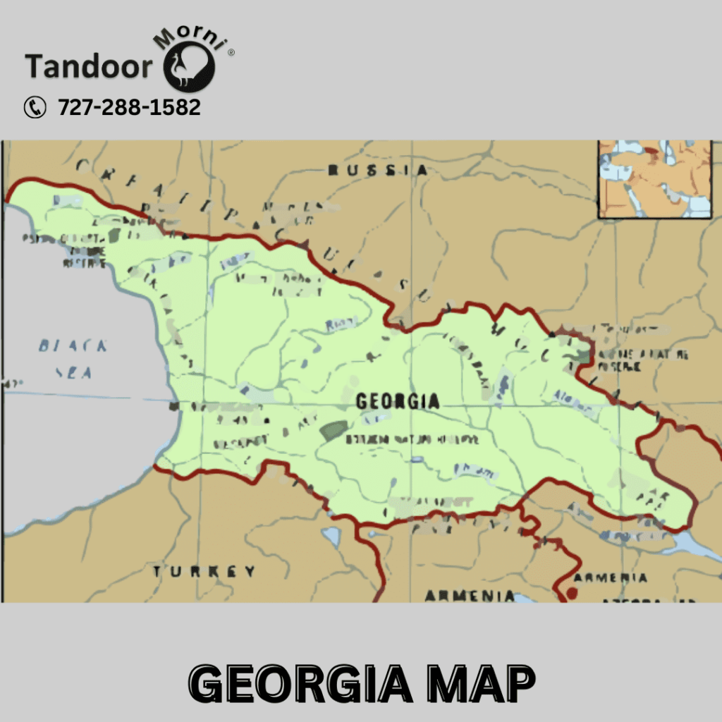 An illustrated map of the country of Georgia in Eastern Europe, displaying its cities, regions, and geographical features.
