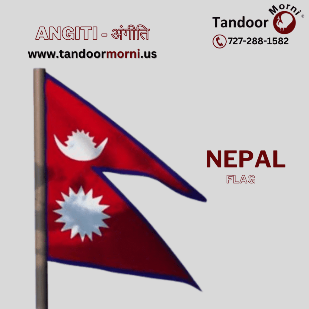 Nepali Flag - A crimson background with two triangular shapes, a white moon, and a crescent sun in the center.
