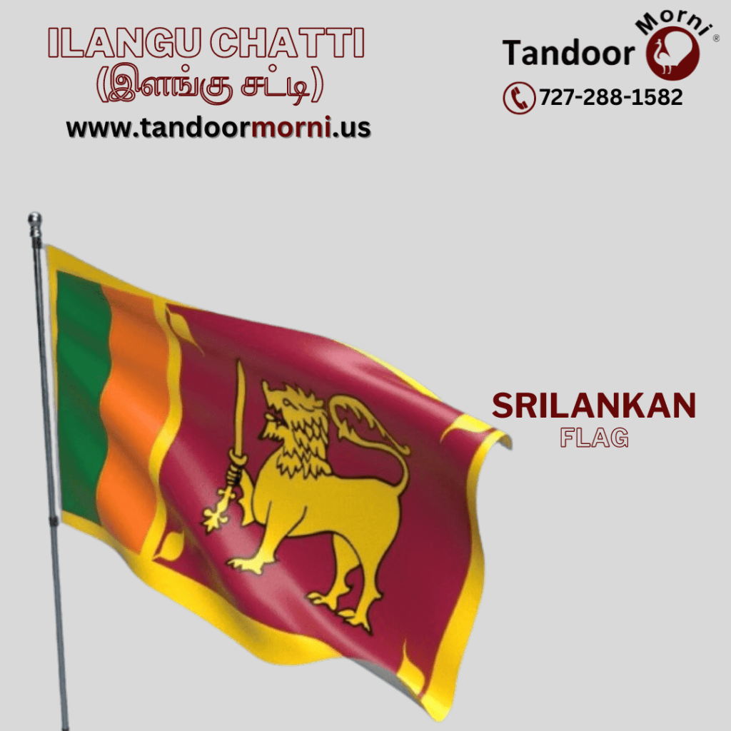Sri Lankan flag featuring a lion and a sword on a maroon background with green and orange vertical stripes