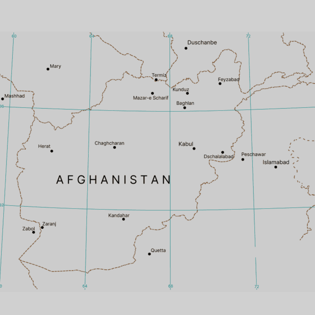 Map of Afghanistan Illustrative map displaying Afghanistan's borders with neighboring countries highlighted. The map showcases geographical features such as mountains, rivers, and major cities, offering a visual representation of the country's diverse landscape.