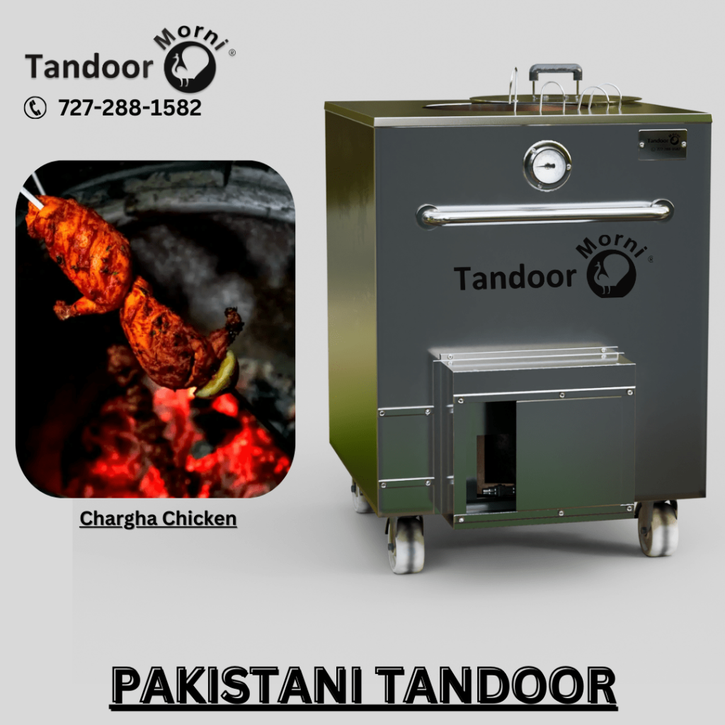 A traditional Pakistani tandoor oven with flames and naan bread cooking inside.