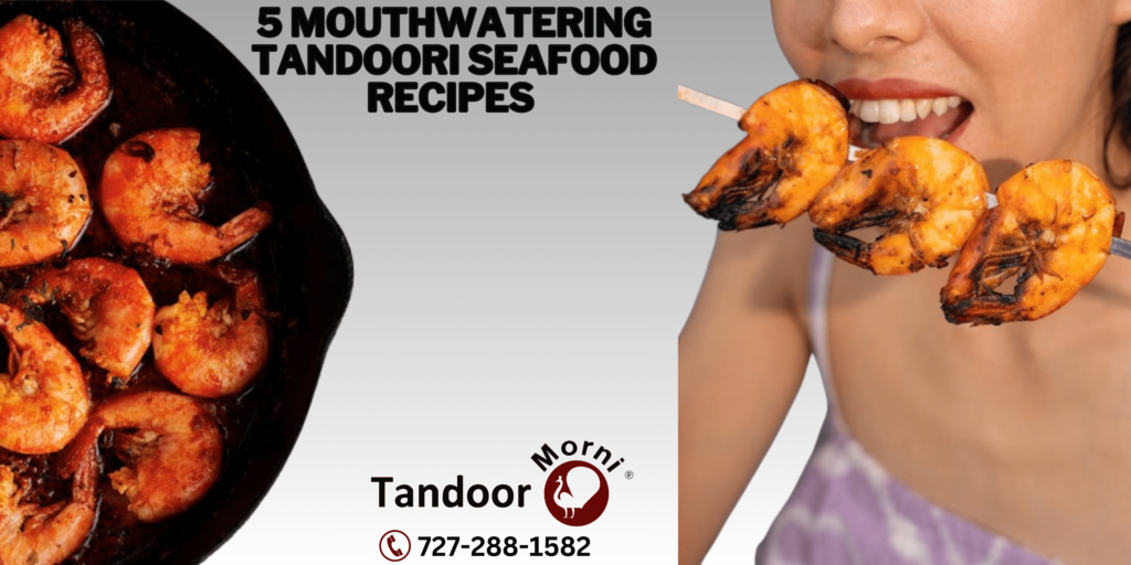 Young girl savoring the irresistible taste of tandoori seafood with a delightful shrimp skewer.