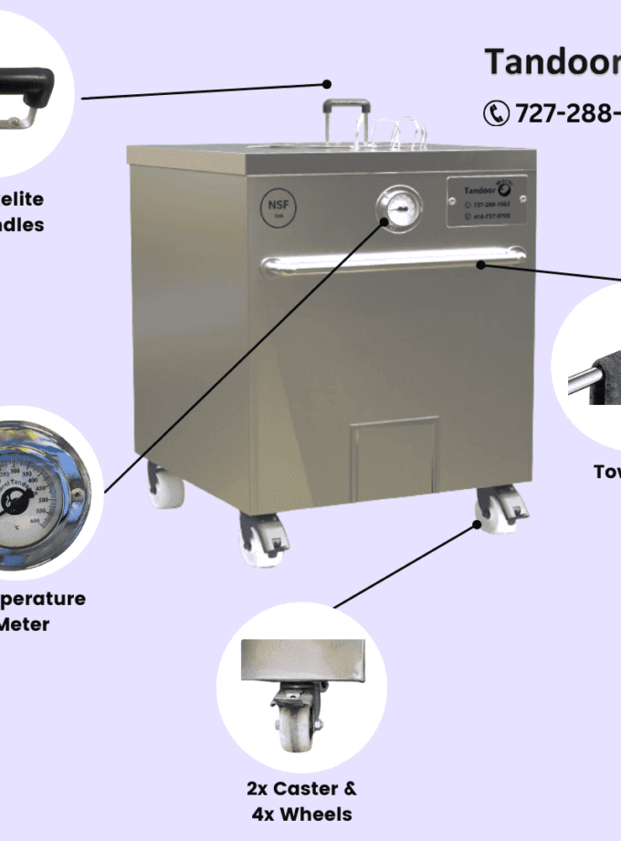 Bakelite-handled commercial tandoor oven with temperature meter and caster wheels