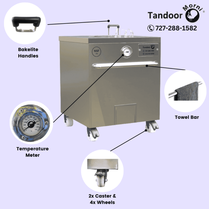 Bakelite-handled commercial tandoor oven with temperature meter and caster wheels