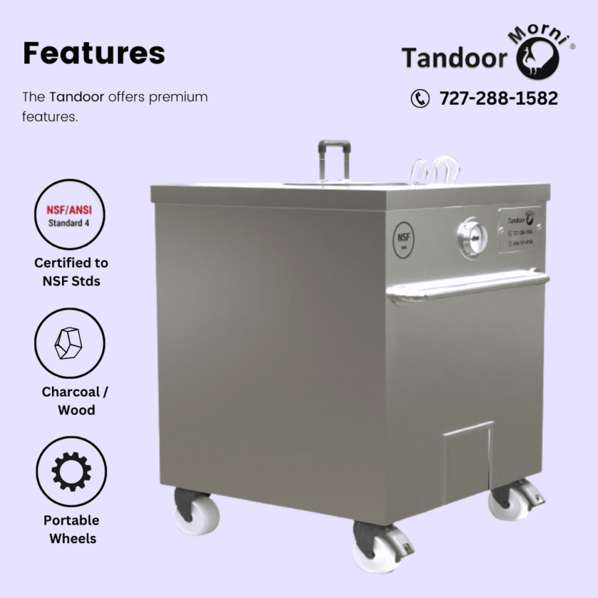 NSF-certified charcoal tandoor with portable wheels